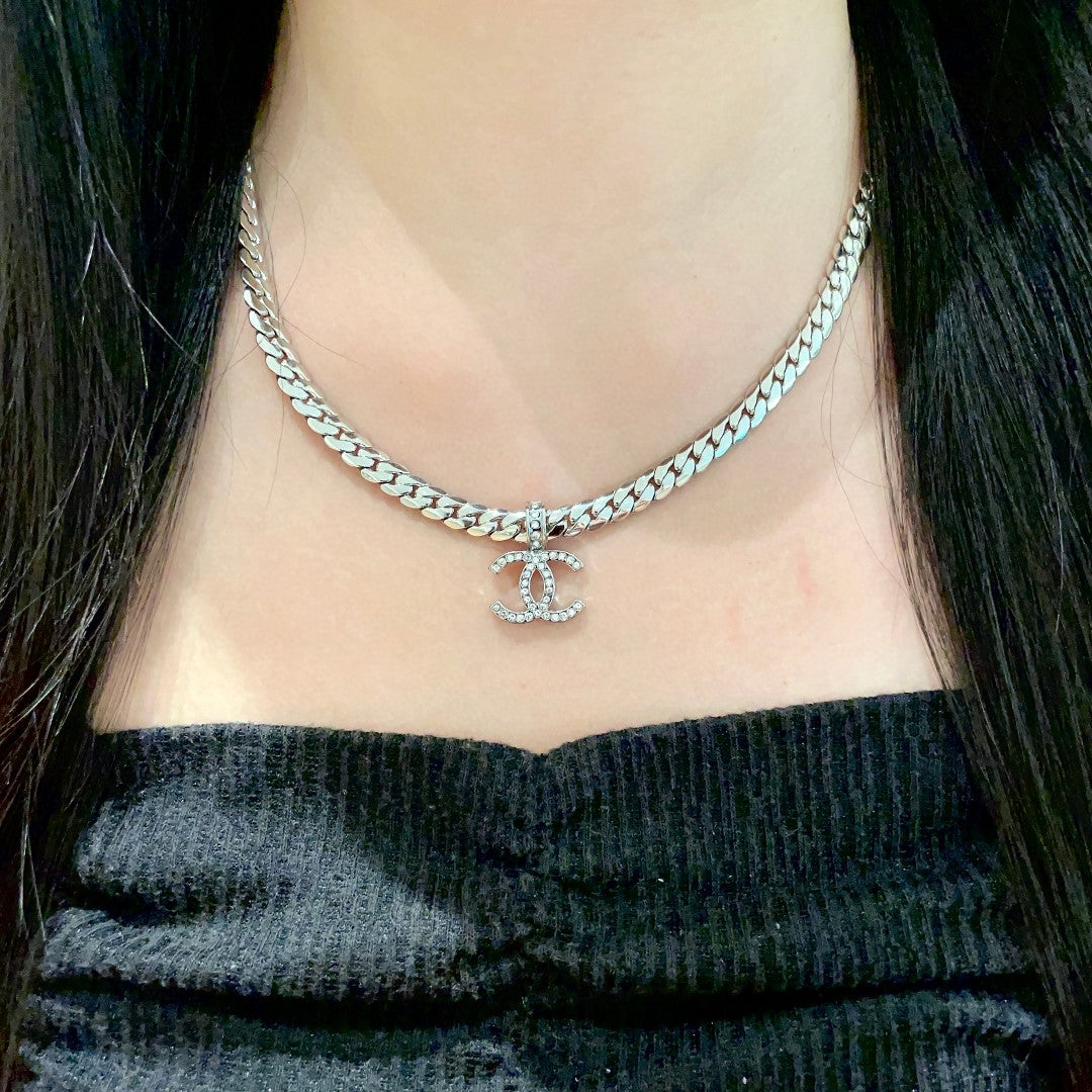 Double-C Emblem Pendant Necklace in Polished Metal-Tone – Design 070 detail view