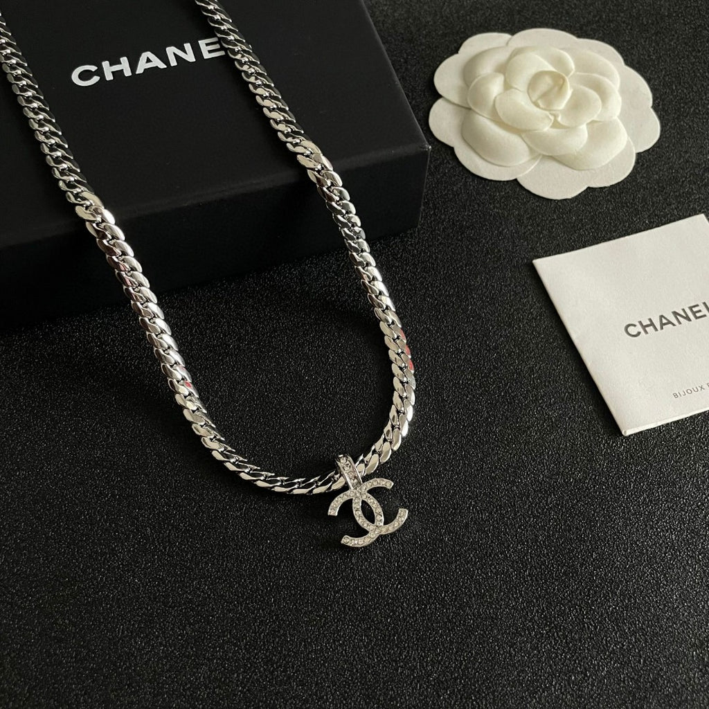 Double-C Emblem Pendant Necklace in Polished Metal-Tone – Design 070 styled product view