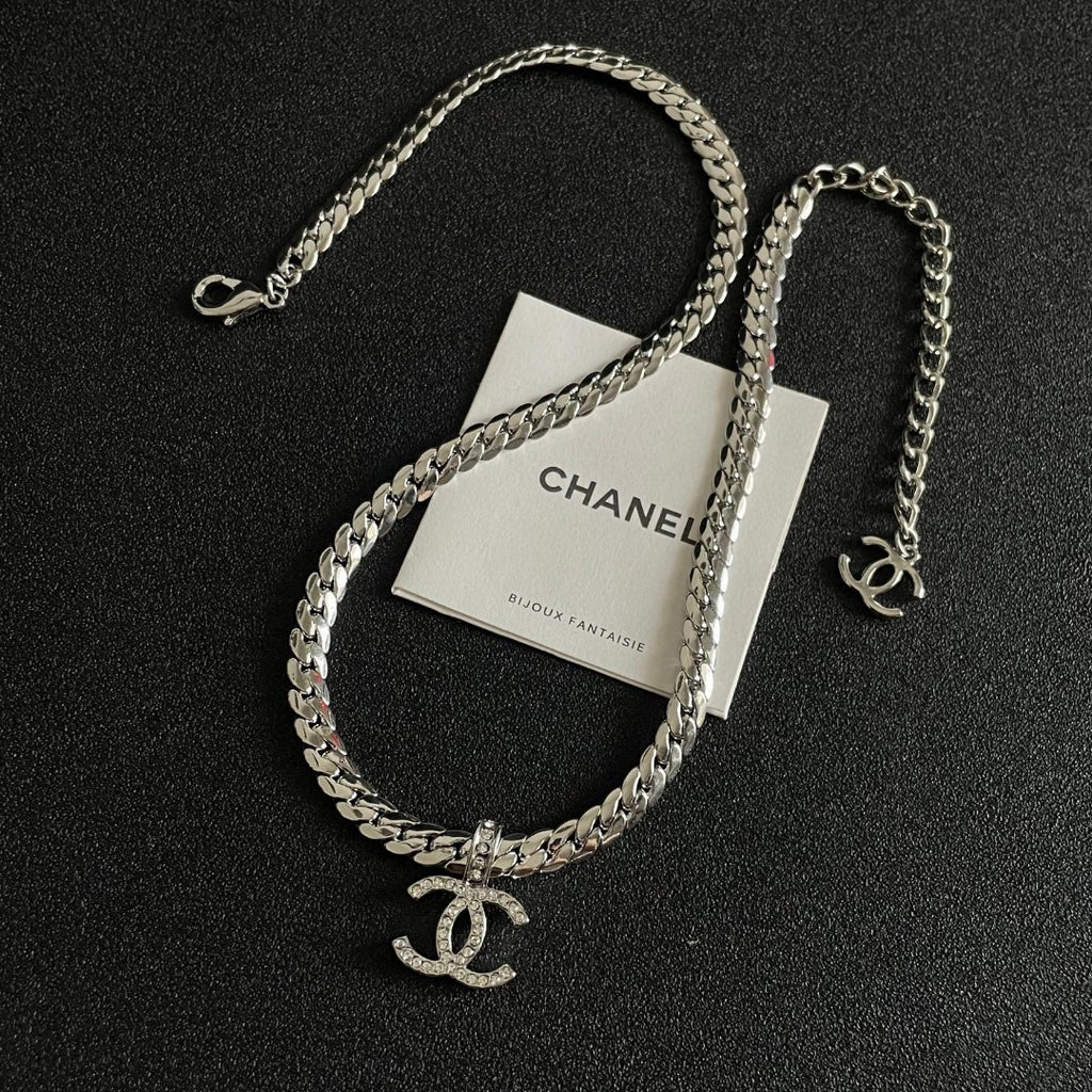 Double-C Emblem Pendant Necklace in Polished Metal-Tone – Design 070 detail view