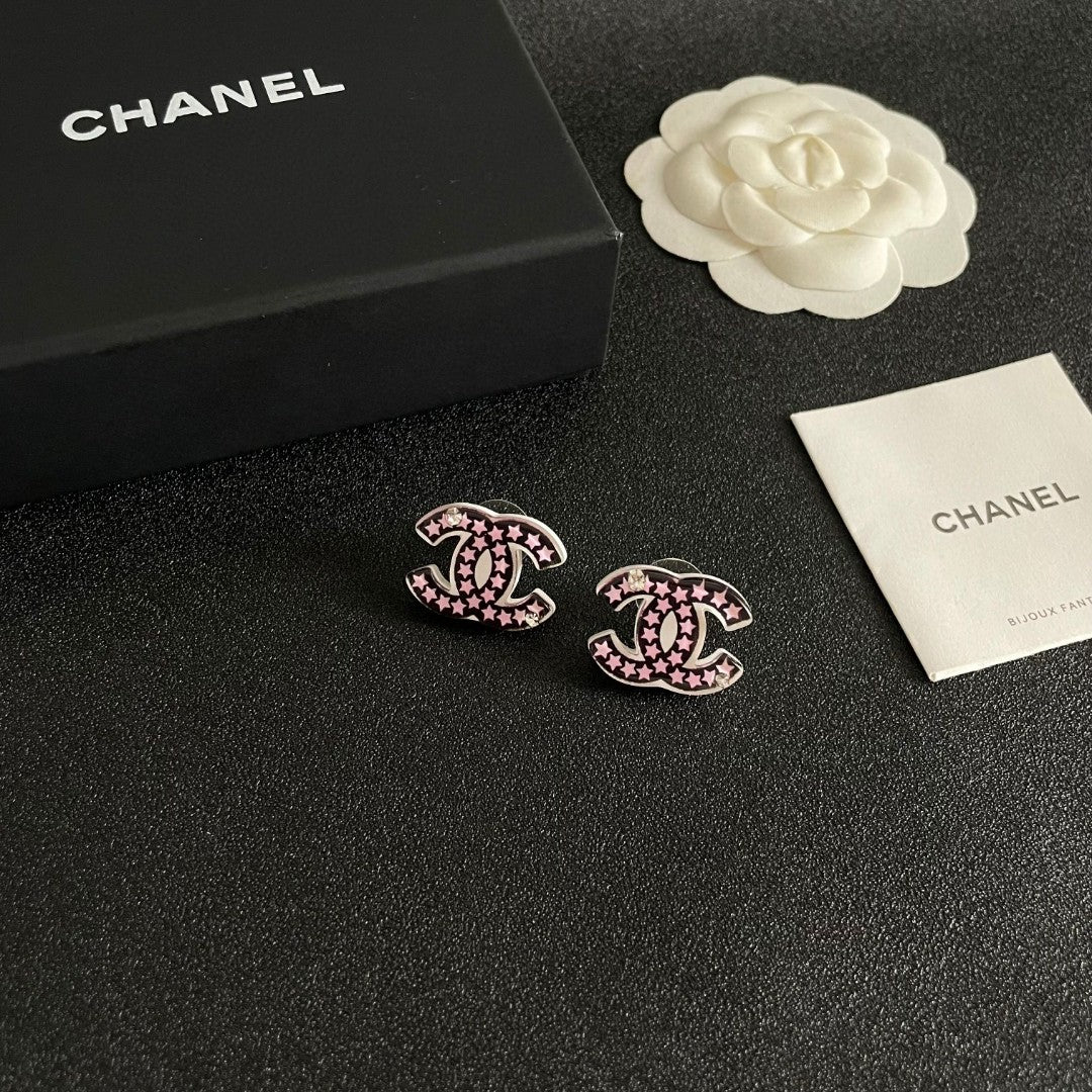Double-C Emblem Stud Earrings in Polished Metal-Tone – Star Detail – Design 019 styled product view