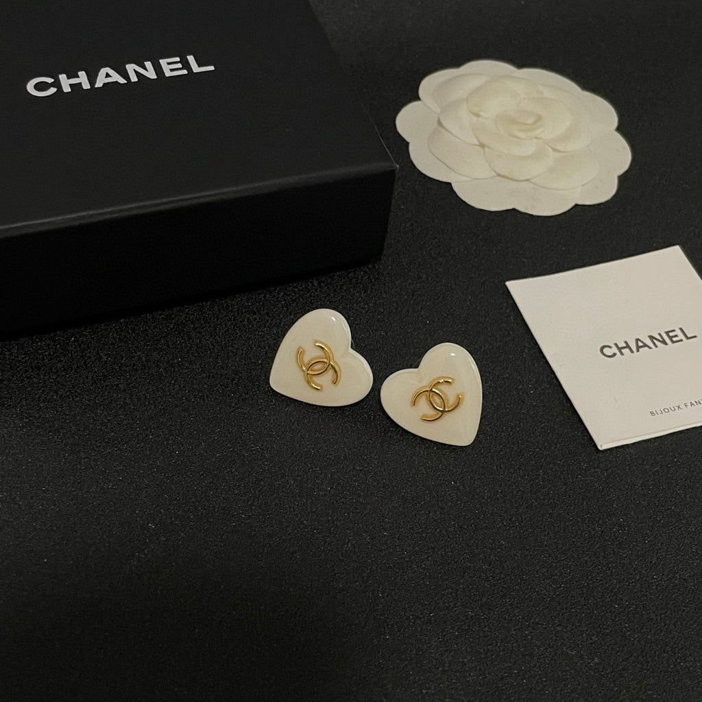 Double-C Emblem Stud Earrings in Polished Metal-Tone – Heart Detail – Design 015 styled product view