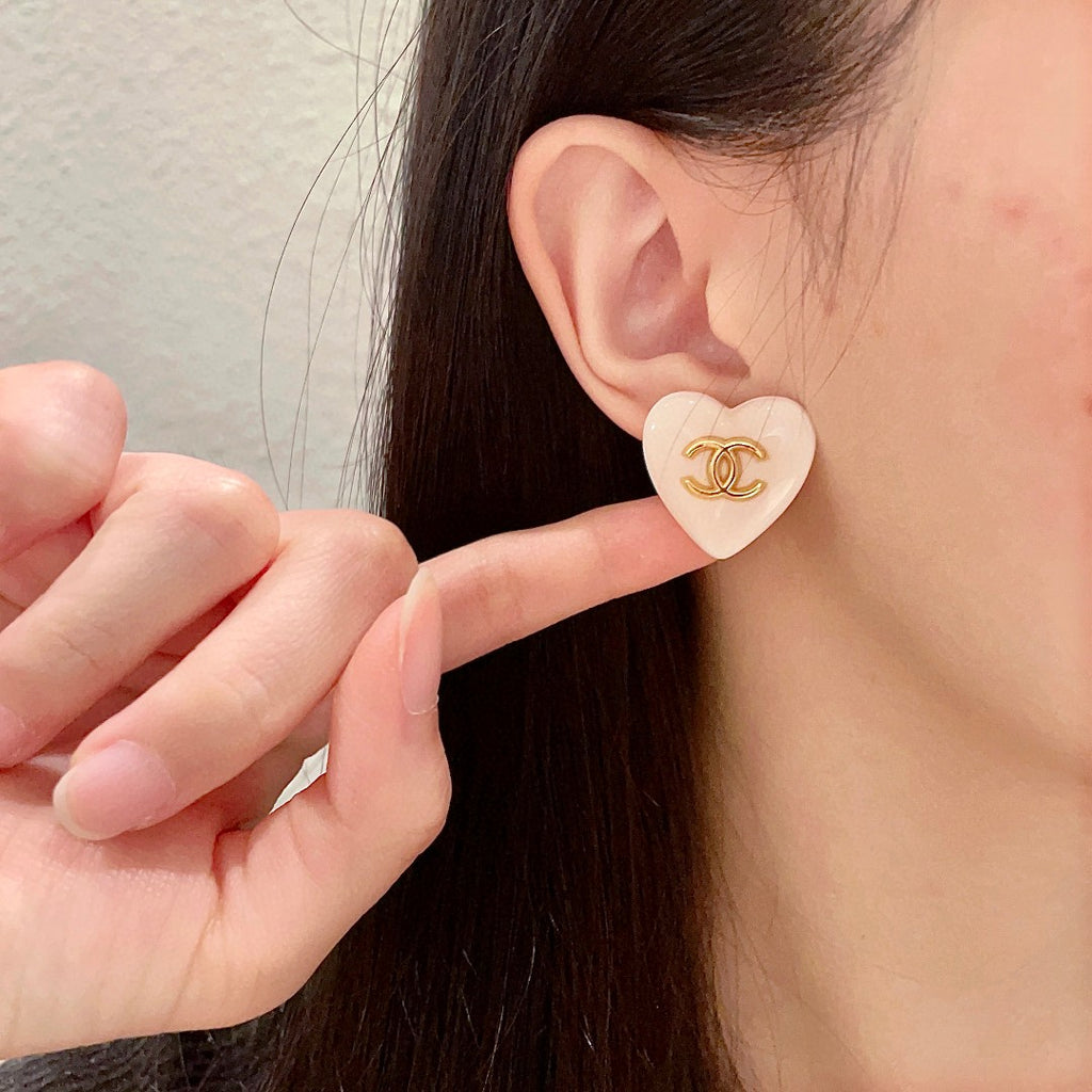 Double-C Emblem Stud Earrings in Polished Metal-Tone – Heart Detail – Design 015 front product view