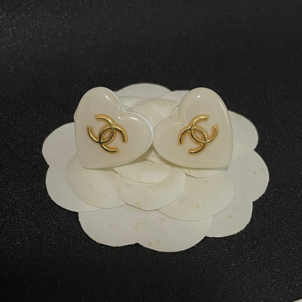 Double-C Emblem Stud Earrings in Polished Metal-Tone – Heart Detail – Design 015 front product view