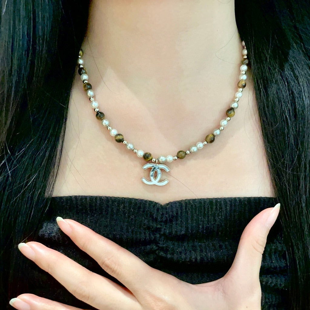 Double-C Emblem Pearl-Detail Pendant Necklace – Pearl Detail – Design 109 front product view