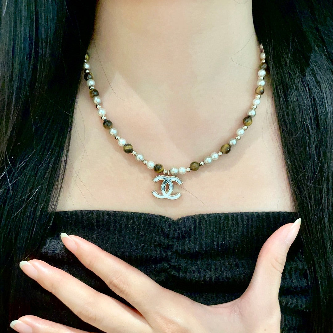 Double-C Emblem Pearl-Detail Pendant Necklace – Pearl Detail – Design 109 front product view
