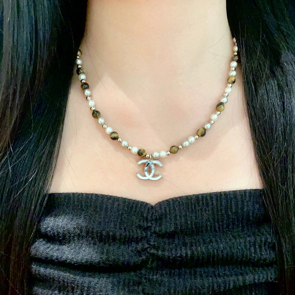 Double-C Emblem Pearl-Detail Pendant Necklace – Pearl Detail – Design 109 detail view