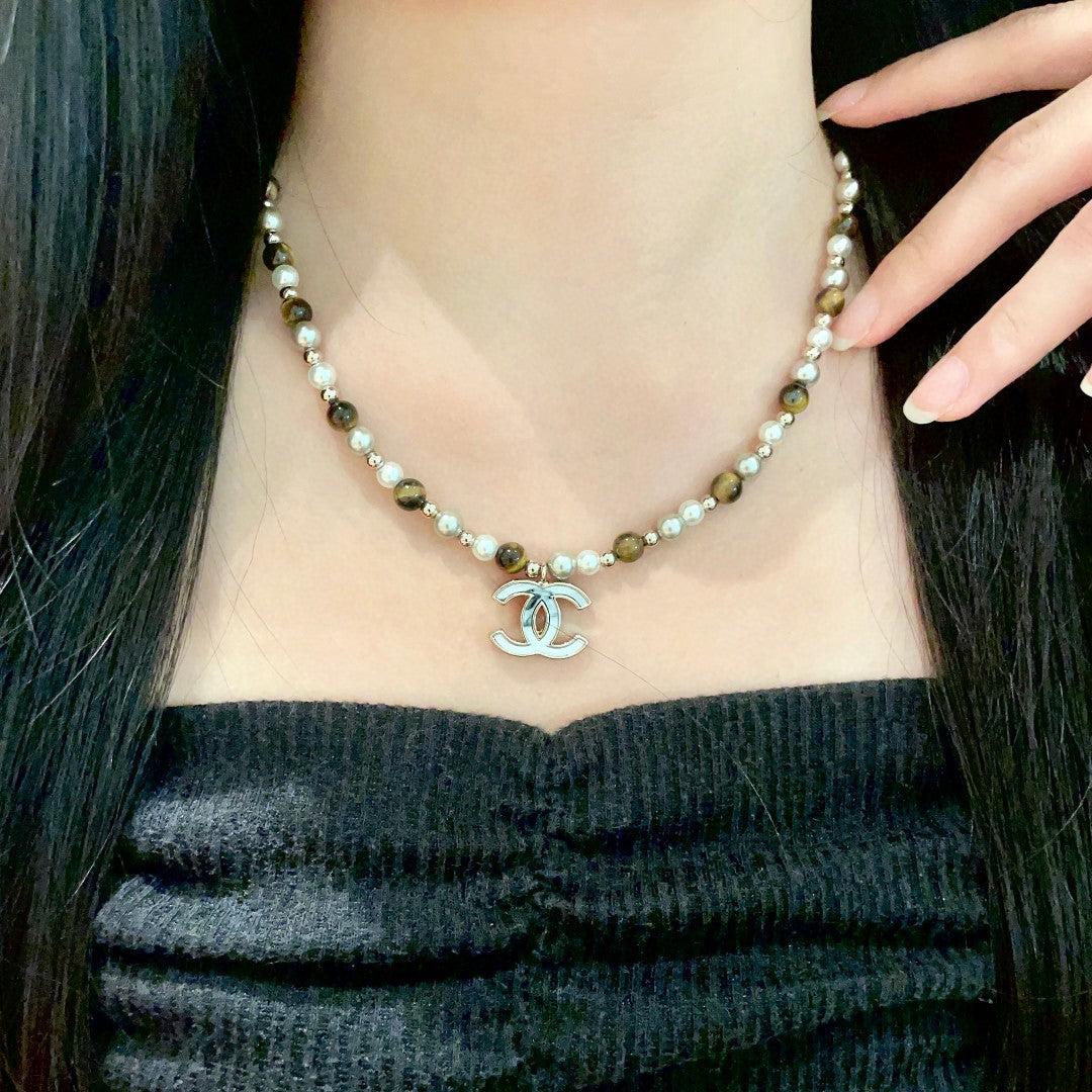 Double-C Emblem Pearl-Detail Pendant Necklace – Pearl Detail – Design 109 main product view