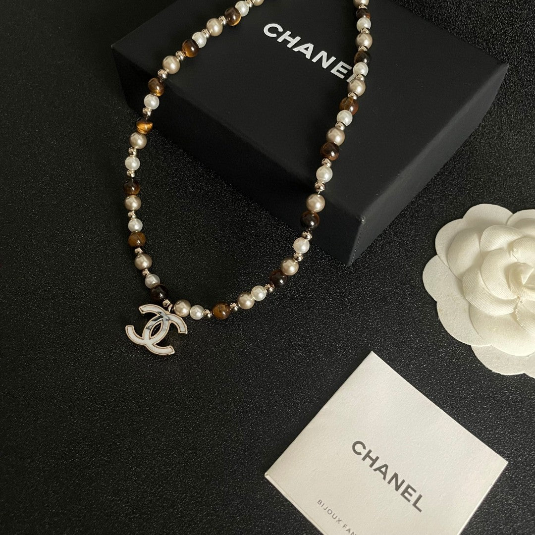 Double-C Emblem Pearl-Detail Pendant Necklace – Pearl Detail – Design 109 close-up detail