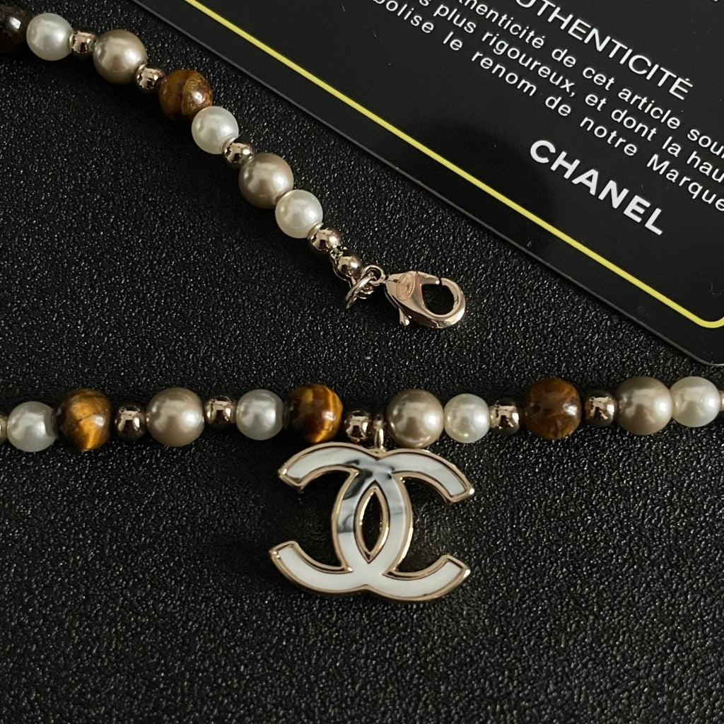 Double-C Emblem Pearl-Detail Pendant Necklace – Pearl Detail – Design 109 styled product view
