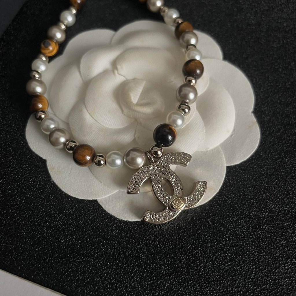 Double-C Emblem Pearl-Detail Pendant Necklace – Pearl Detail – Design 109 main product view