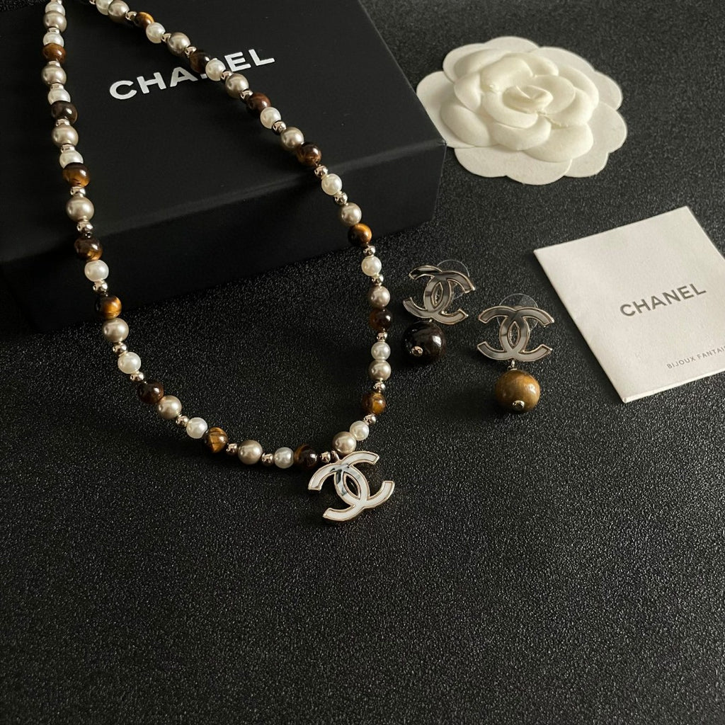 Double-C Emblem Pearl-Detail Pendant Necklace – Pearl Detail – Design 109 detail view