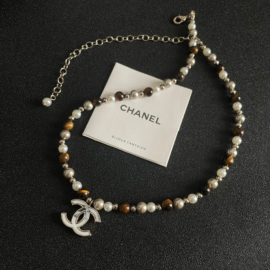 Double-C Emblem Pearl-Detail Pendant Necklace – Pearl Detail – Design 109 front product view