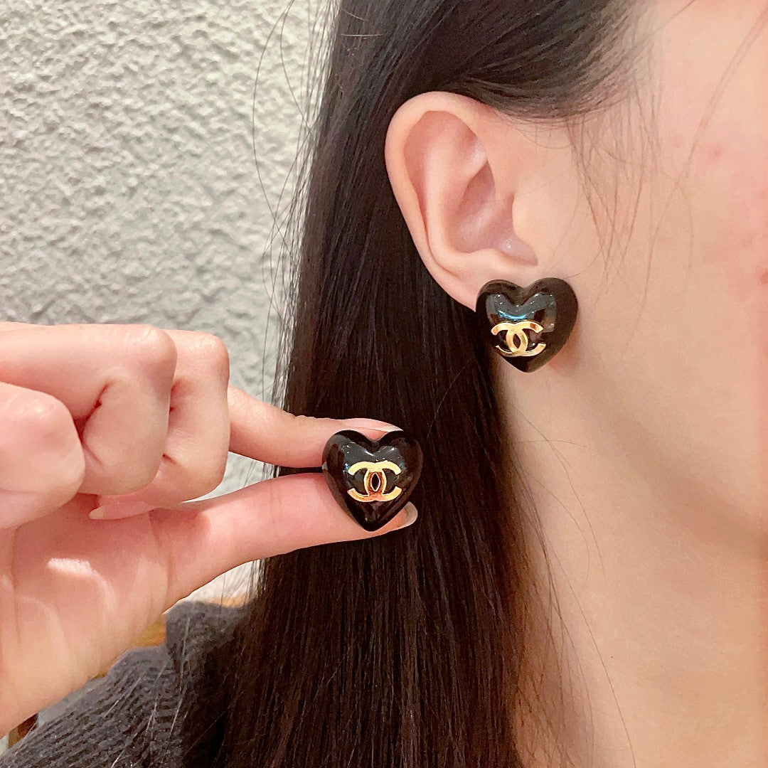 Double-C Emblem Stud Earrings in Polished Metal-Tone – Heart Detail – Design 014 main product view