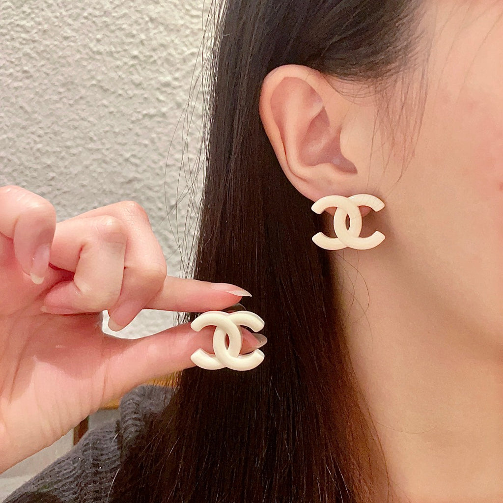 Double-C Emblem Stud Earrings in Polished Metal-Tone – Design 363 main product view