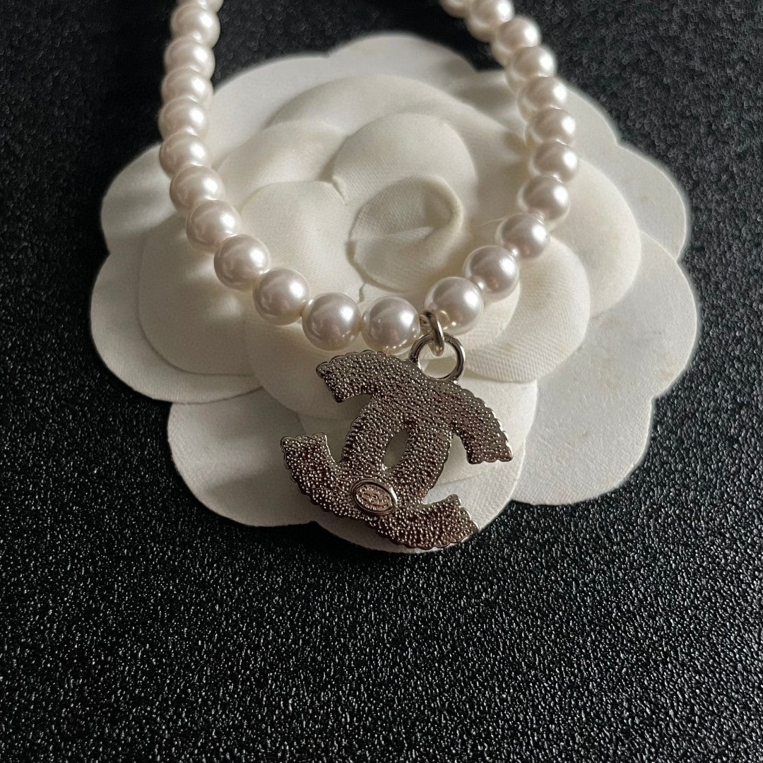 Double-C Emblem Pearl-Detail Pendant Necklace – Pearl Detail – Design 108 front product view