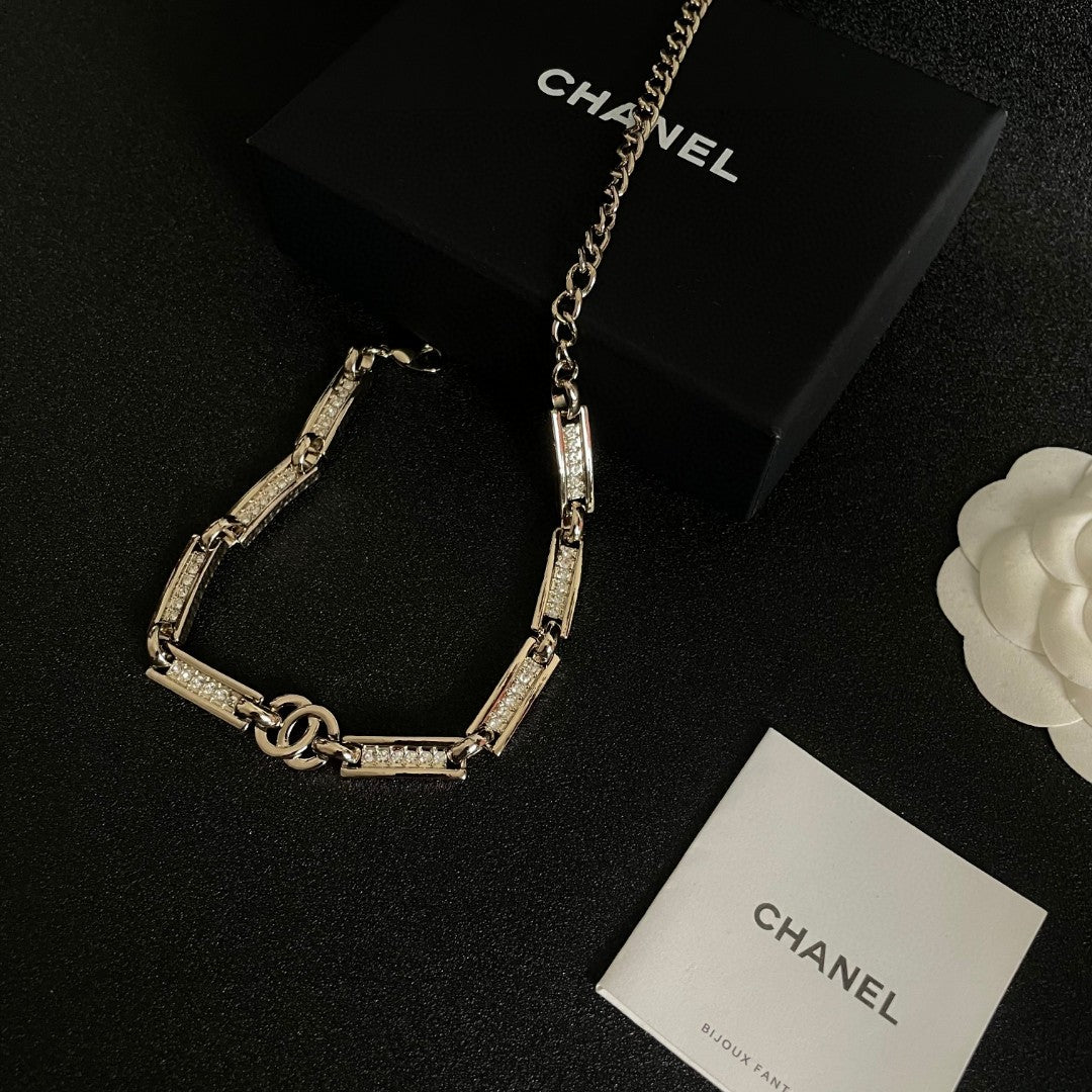 Double-C Emblem Pendant Necklace in Polished Metal-Tone – Design 059 styled product view