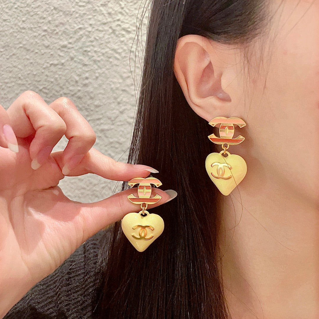 Double-C Emblem Statement Earrings in Polished Metal-Tone – Heart Detail – Design 004 main product view