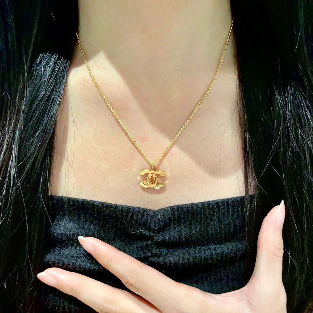 Double-C Emblem Pendant Necklace in Polished Metal-Tone – Design 058 front product view