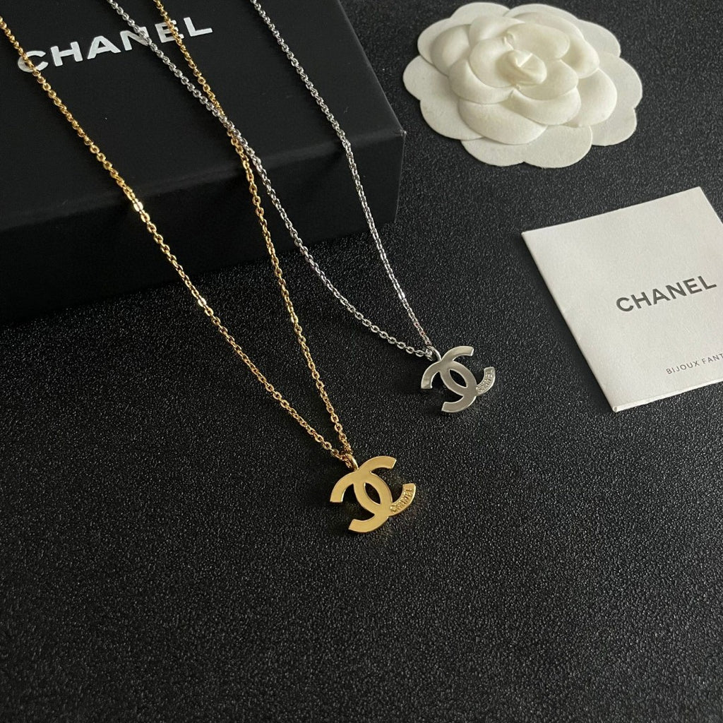 Double-C Emblem Pendant Necklace in Polished Metal-Tone – Design 058 styled product view