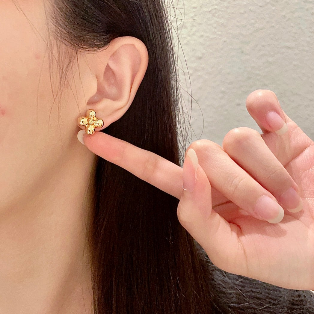 Geometric Emblem Stud Earrings in Polished Metal-Tone – Pearl Detail front product view