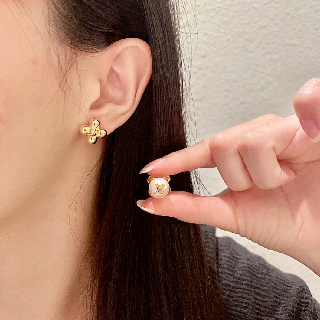 Geometric Emblem Stud Earrings in Polished Metal-Tone – Pearl Detail main product view