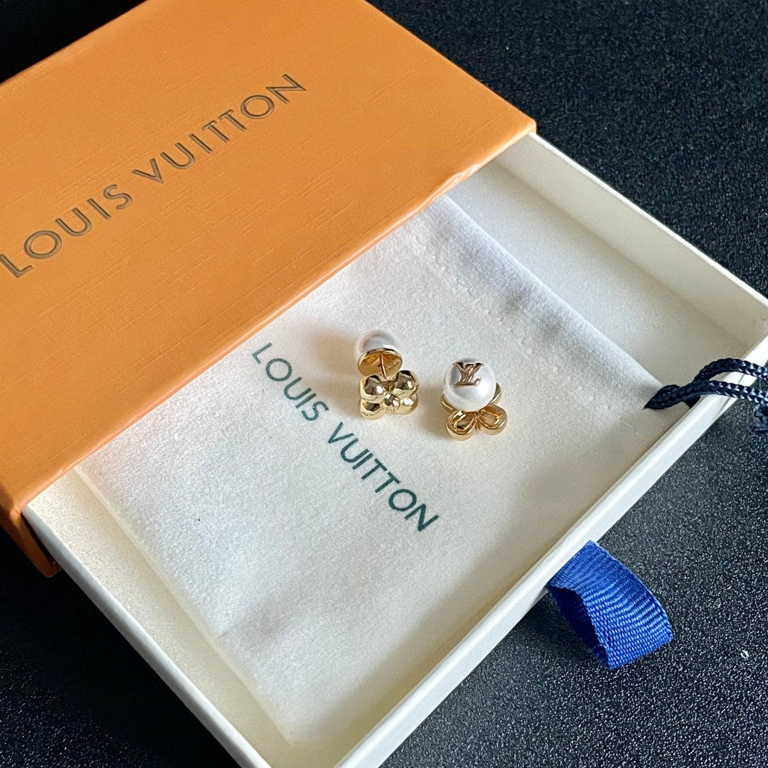 Geometric Emblem Stud Earrings in Polished Metal-Tone – Pearl Detail front product view