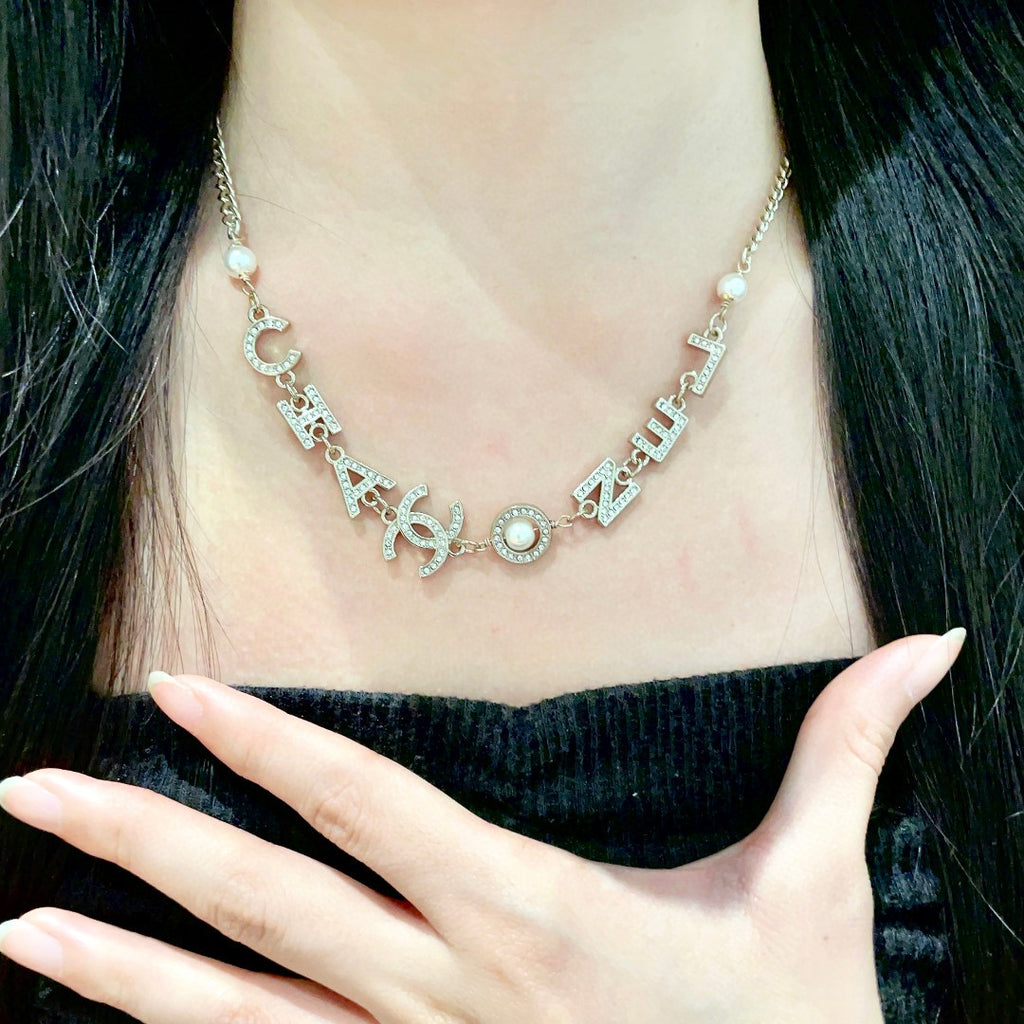 Double-C Emblem Pendant Necklace in Polished Metal-Tone – Design 055 front product view