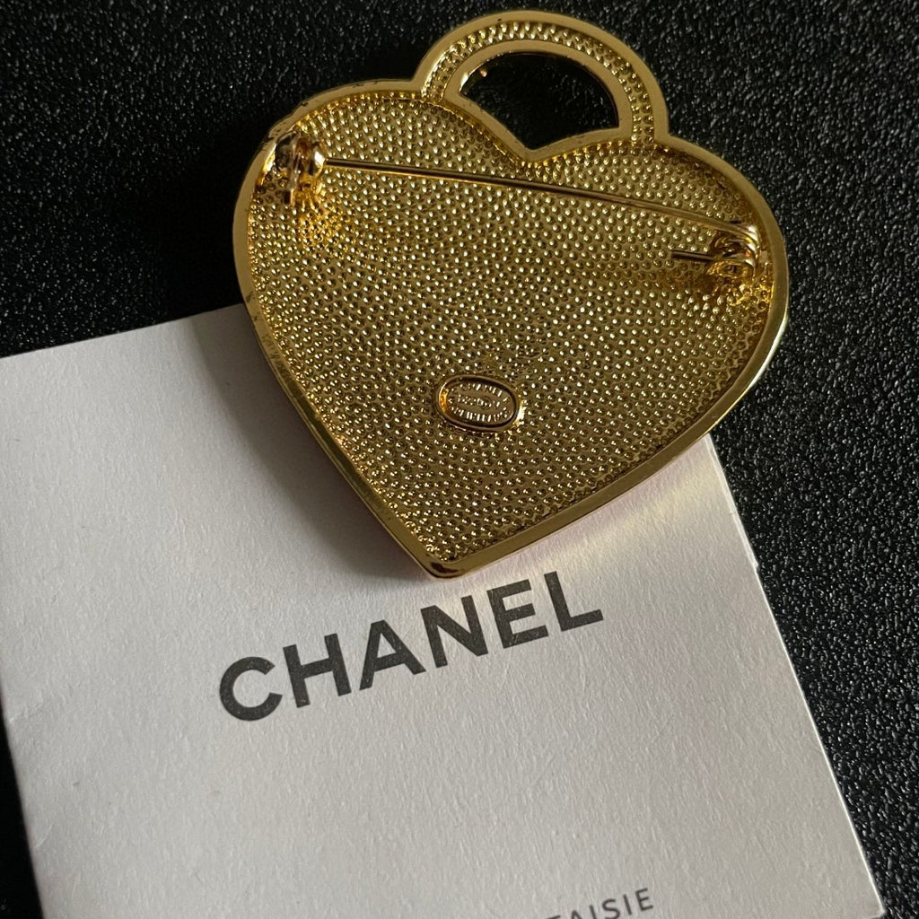 Double-C Emblem Brooch in Polished Metal-Tone – Heart Detail – Design 002 main product view