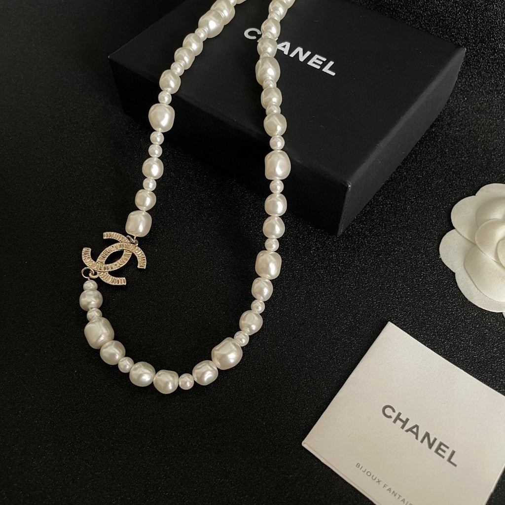 Double-C Emblem Pearl-Detail Pendant Necklace – Pearl Detail – Design 089 close-up detail