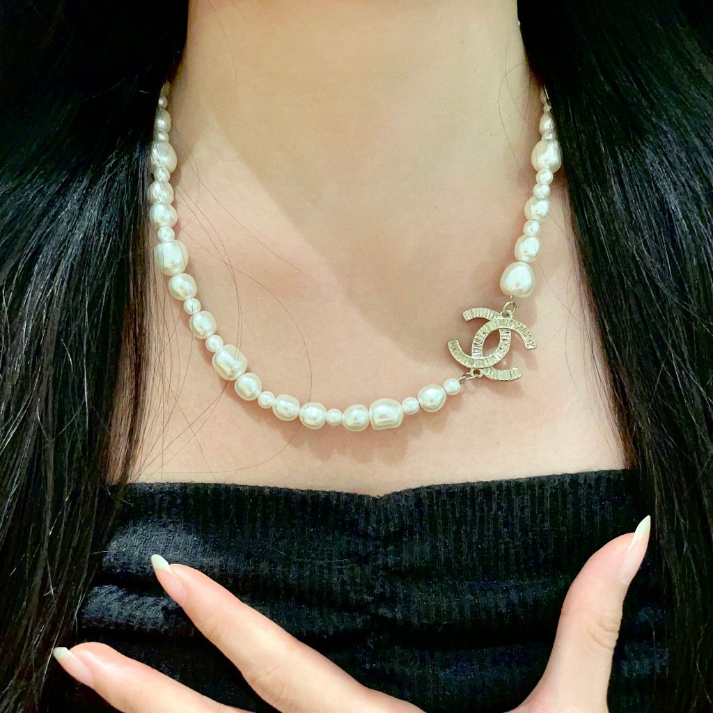Double-C Emblem Pearl-Detail Pendant Necklace – Pearl Detail – Design 089 front product view