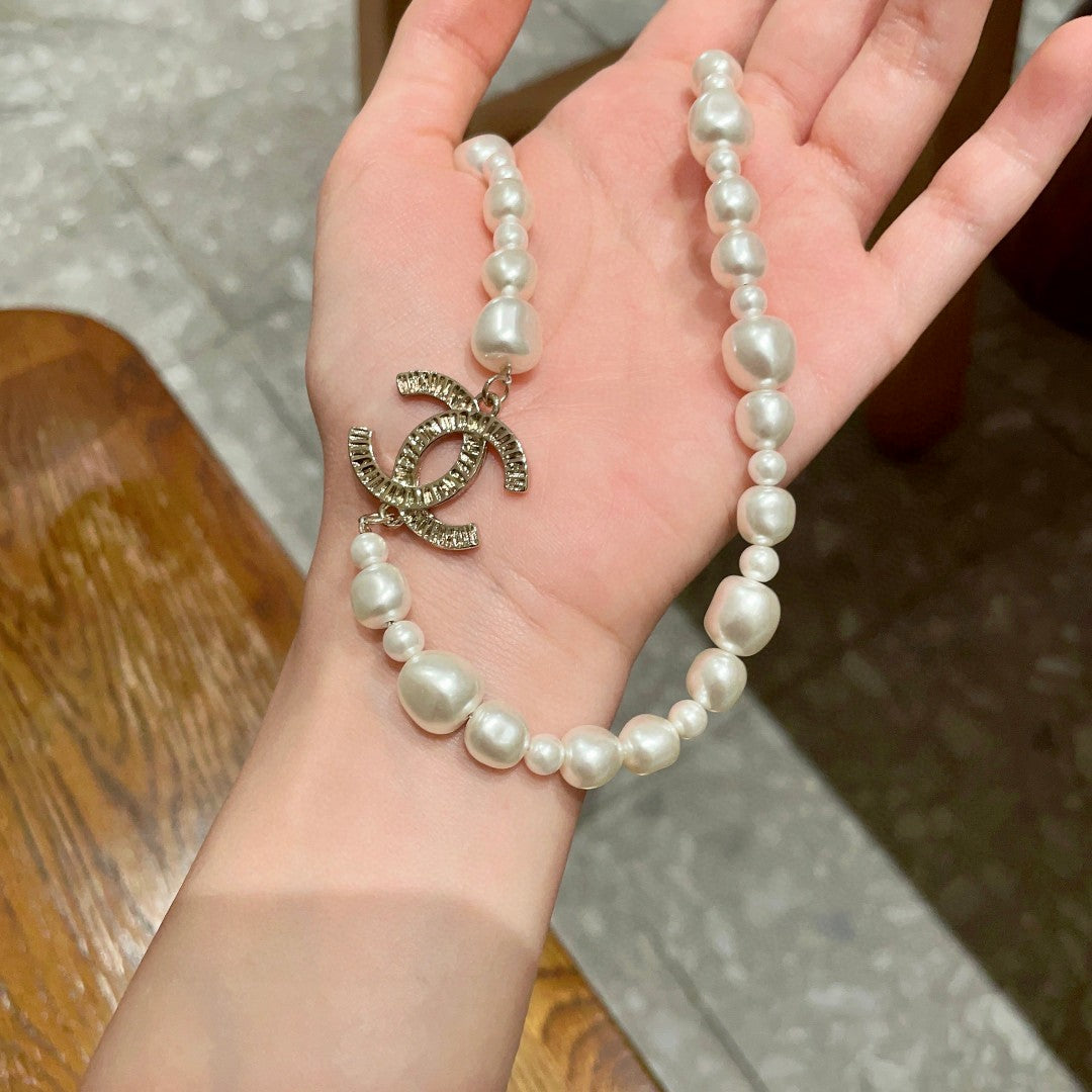 Double-C Emblem Pearl-Detail Pendant Necklace – Pearl Detail – Design 089 side detail