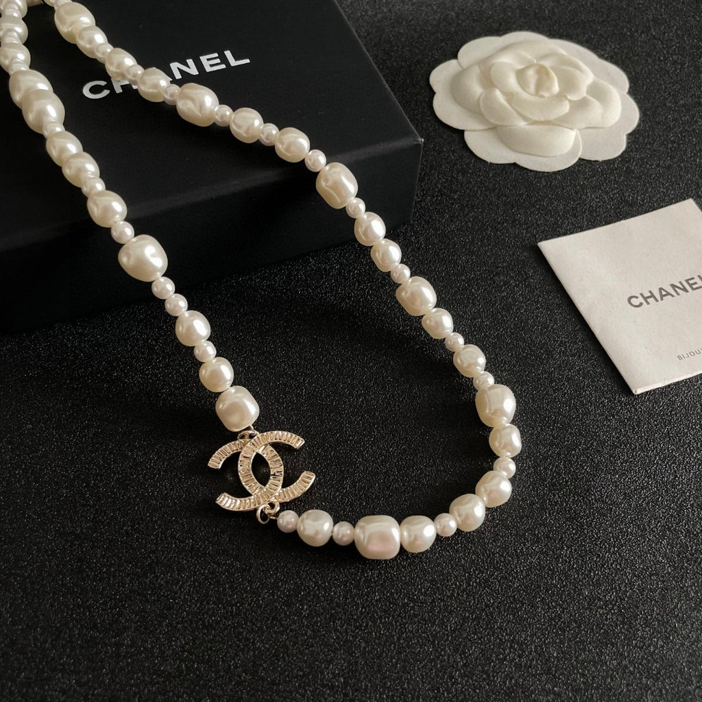 Double-C Emblem Pearl-Detail Pendant Necklace – Pearl Detail – Design 089 styled product view