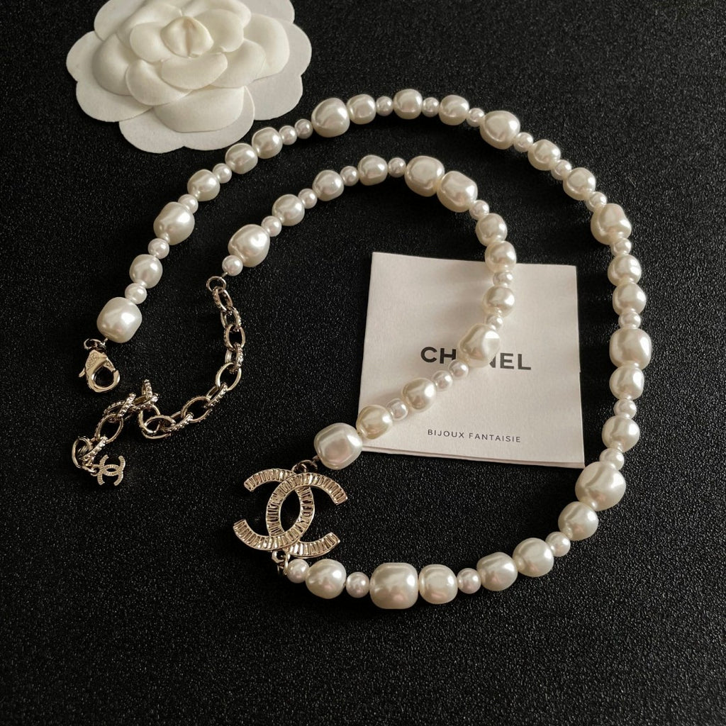 Double-C Emblem Pearl-Detail Pendant Necklace – Pearl Detail – Design 089 front product view
