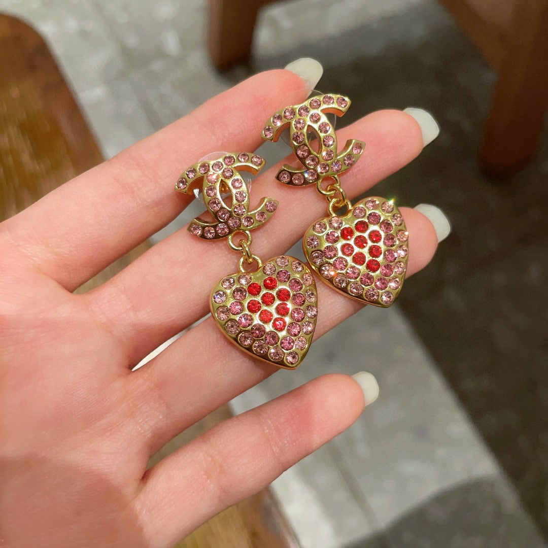 Double-C Emblem Crystal-Accent Statement Earrings – Heart Detail – Design 004 side detail