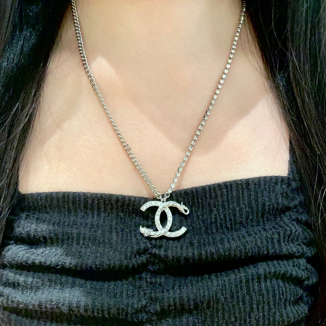 Double-C Emblem Crystal-Accent Pendant Necklace – Design 040 detail view
