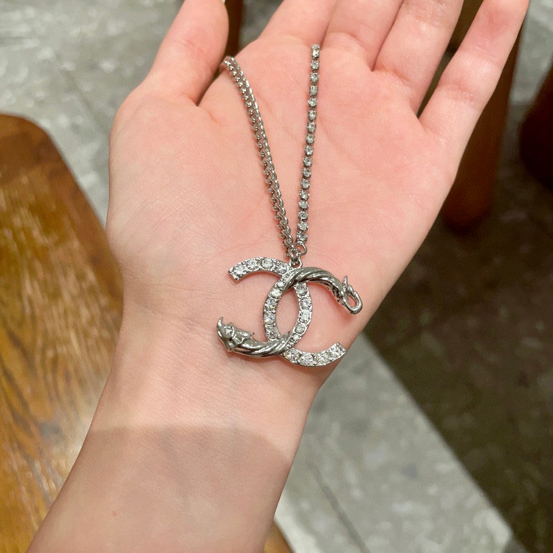 Double-C Emblem Crystal-Accent Pendant Necklace – Design 040 side detail