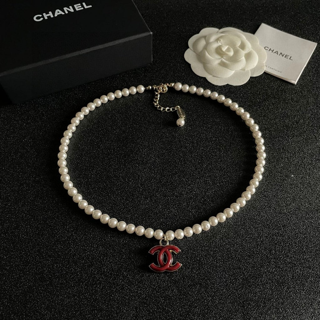 Double-C Emblem Pearl-Detail Pendant Necklace – Pearl Detail – Design 084 close-up detail
