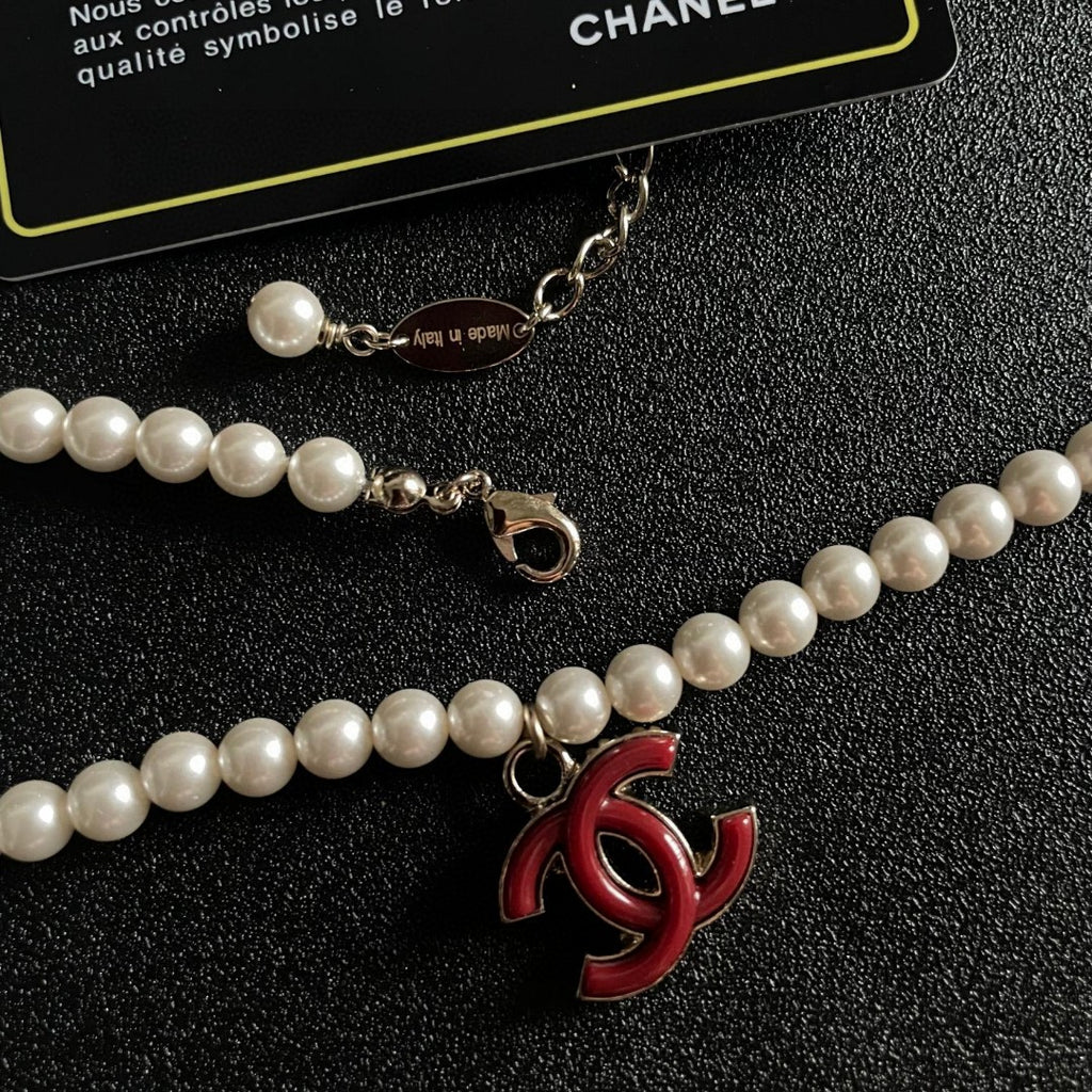 Double-C Emblem Pearl-Detail Pendant Necklace – Pearl Detail – Design 084 main product view