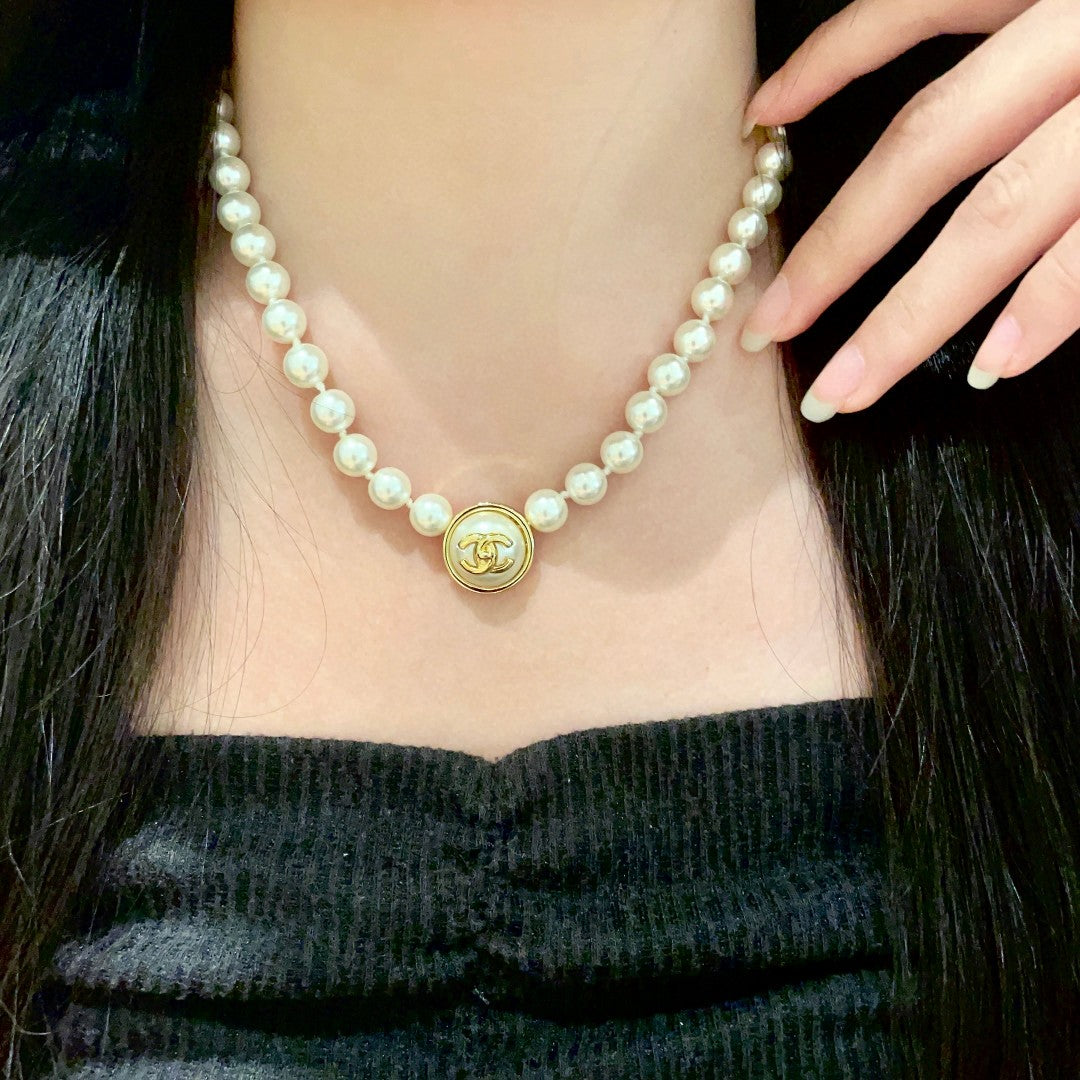 Double-C Emblem Pearl-Detail Pendant Necklace – Pearl Detail – Design 076 front product view