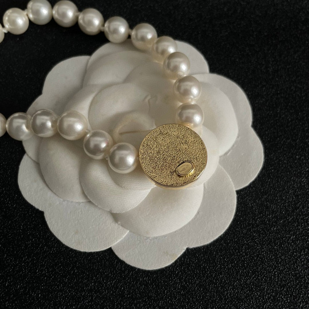 Double-C Emblem Pearl-Detail Pendant Necklace – Pearl Detail – Design 076 front product view