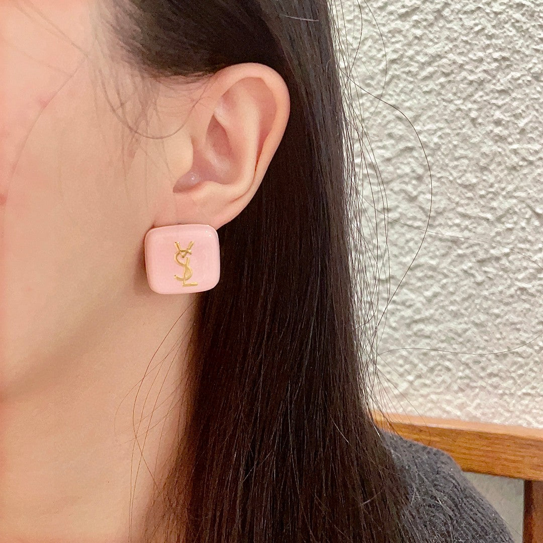 Letter Emblem Stud Earrings in Polished Metal-Tone – Square Detail – Design 002 detail view
