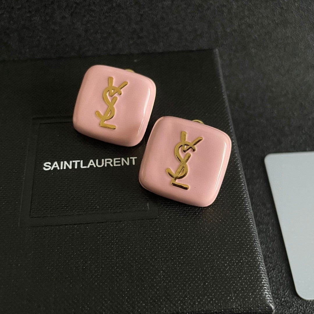 Letter Emblem Stud Earrings in Polished Metal-Tone – Square Detail – Design 002 detail view