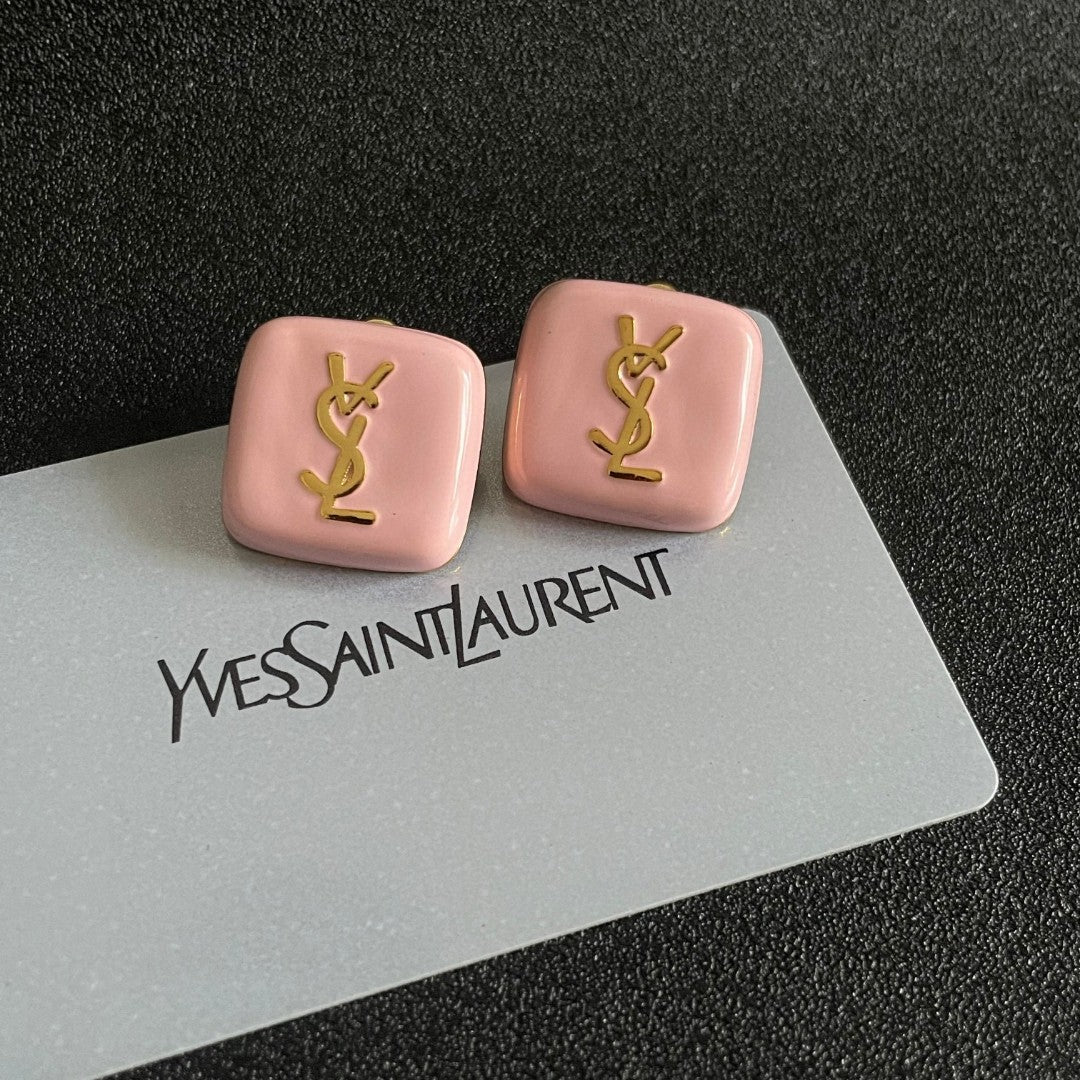 Letter Emblem Stud Earrings in Polished Metal-Tone – Square Detail – Design 002 front product view