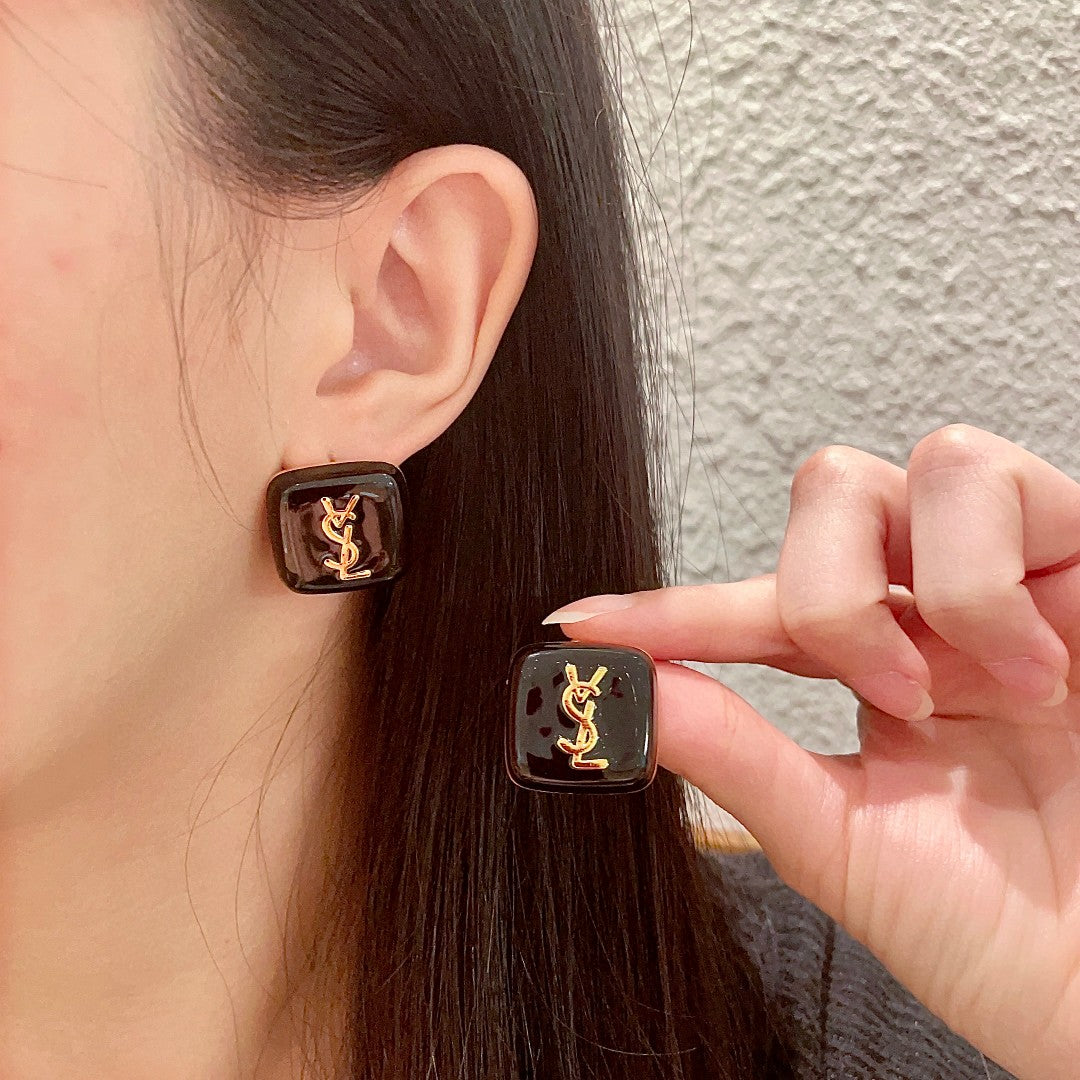 Letter Emblem Stud Earrings in Polished Metal-Tone – Square Detail main product view
