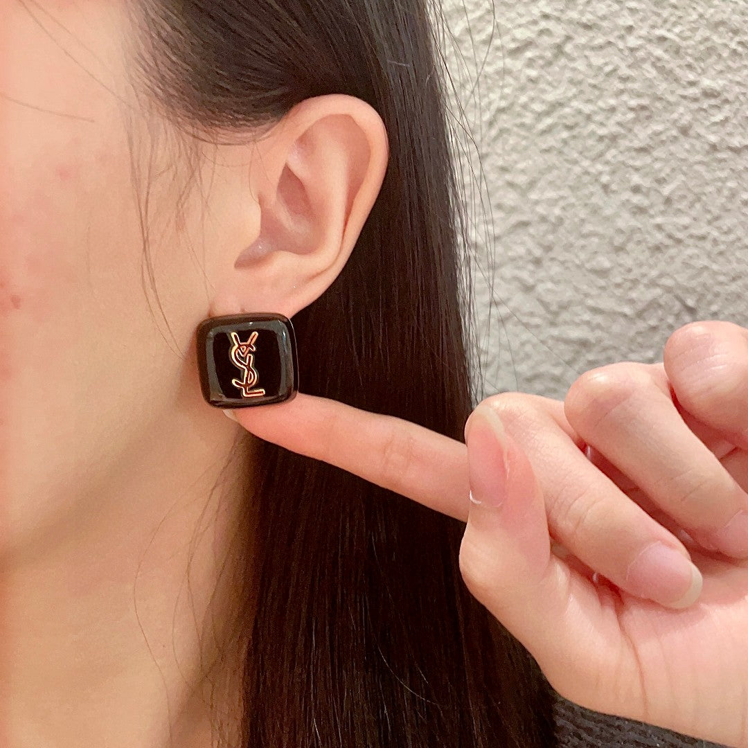 Letter Emblem Stud Earrings in Polished Metal-Tone – Square Detail front product view