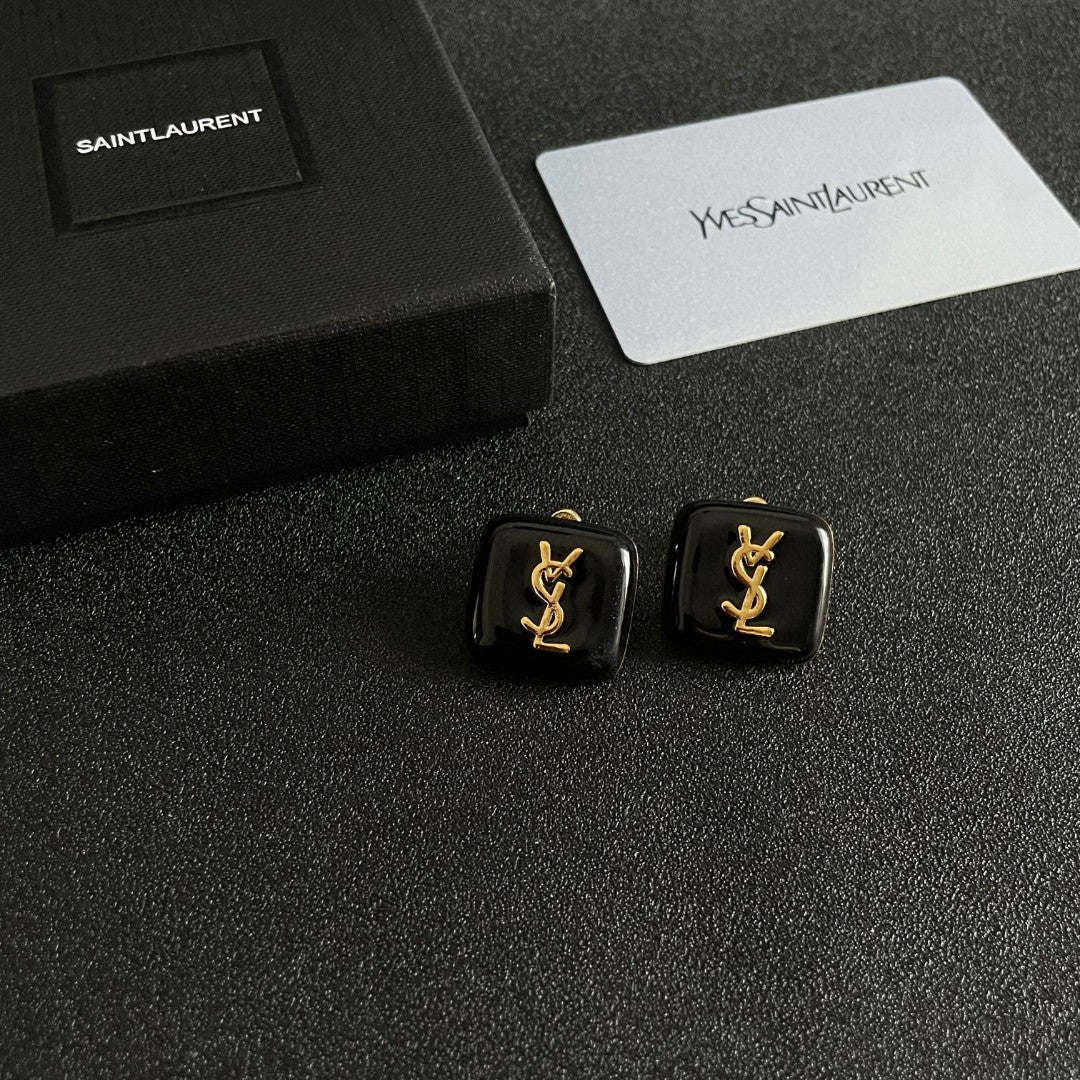 Letter Emblem Stud Earrings in Polished Metal-Tone – Square Detail styled product view