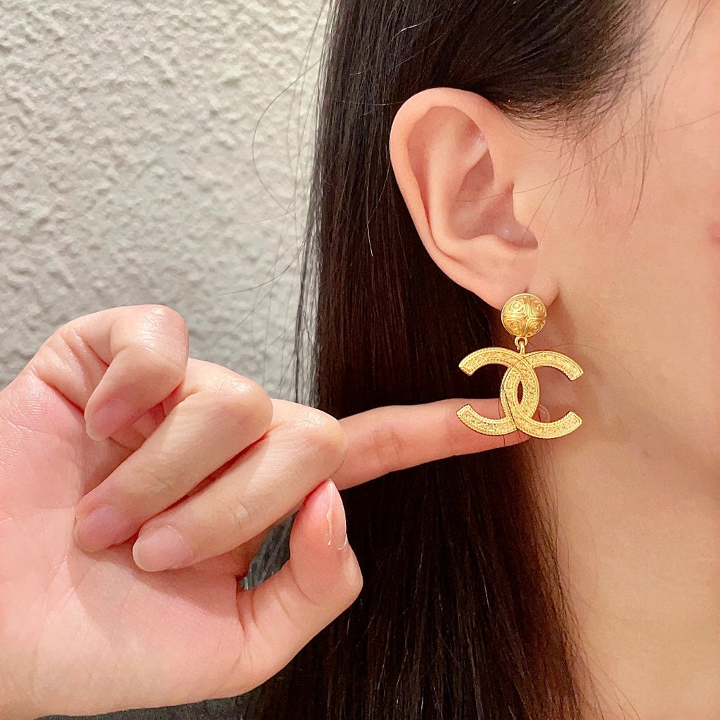 Double-C Emblem Statement Earrings in Polished Metal-Tone – Design 040 front product view