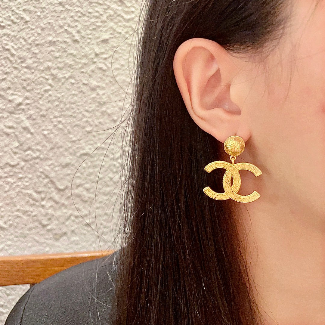 Double-C Emblem Statement Earrings in Polished Metal-Tone – Design 040 detail view
