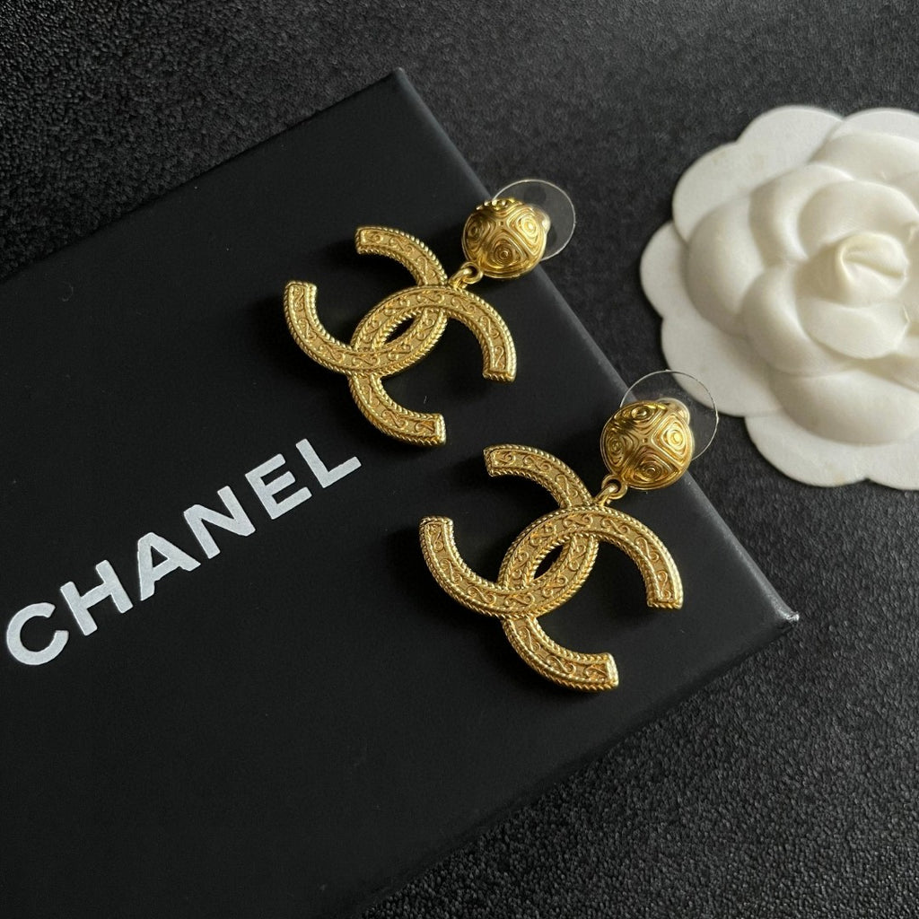 Double-C Emblem Statement Earrings in Polished Metal-Tone – Design 040 detail view