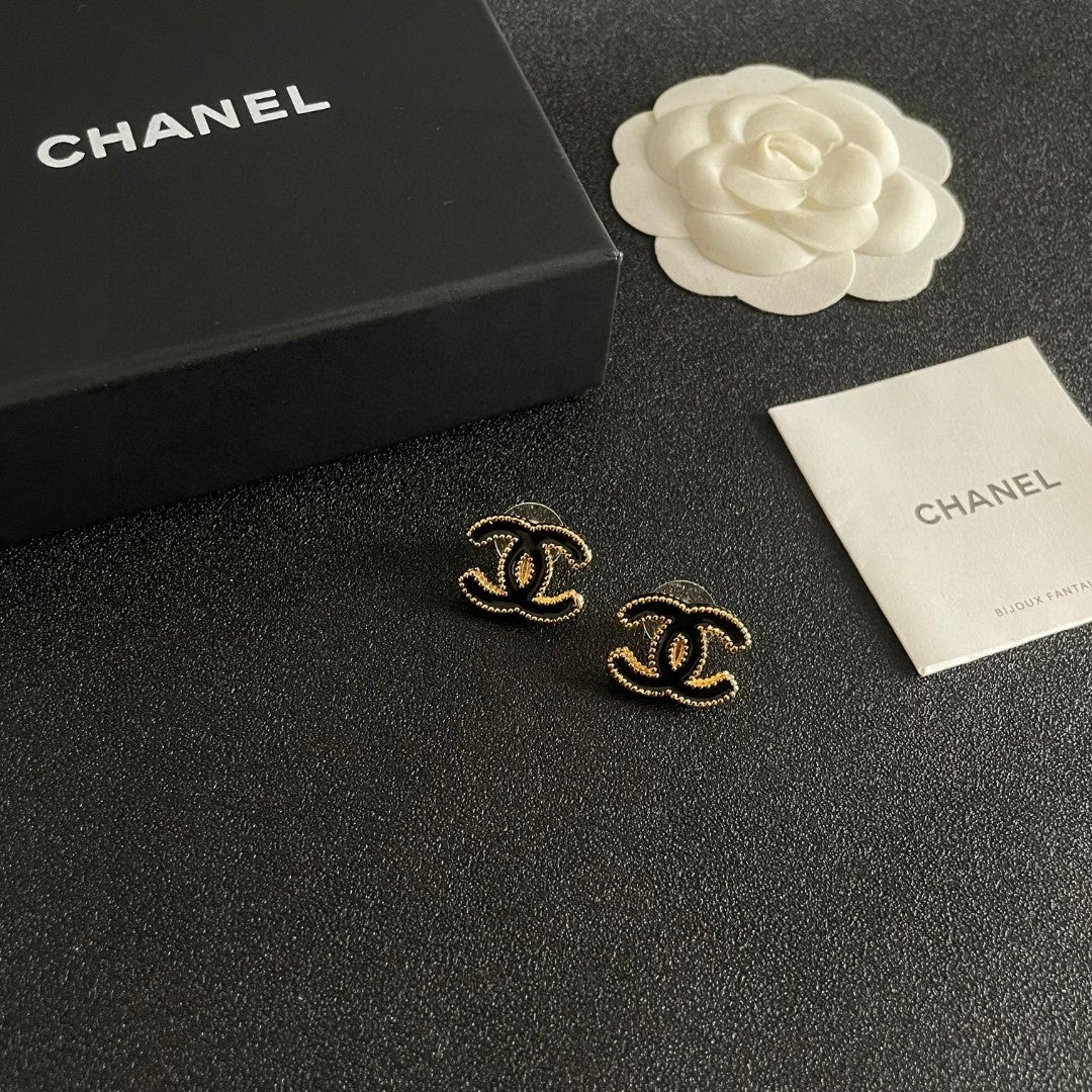 Double-C Emblem Stud Earrings in Polished Metal-Tone – Design 262 styled product view